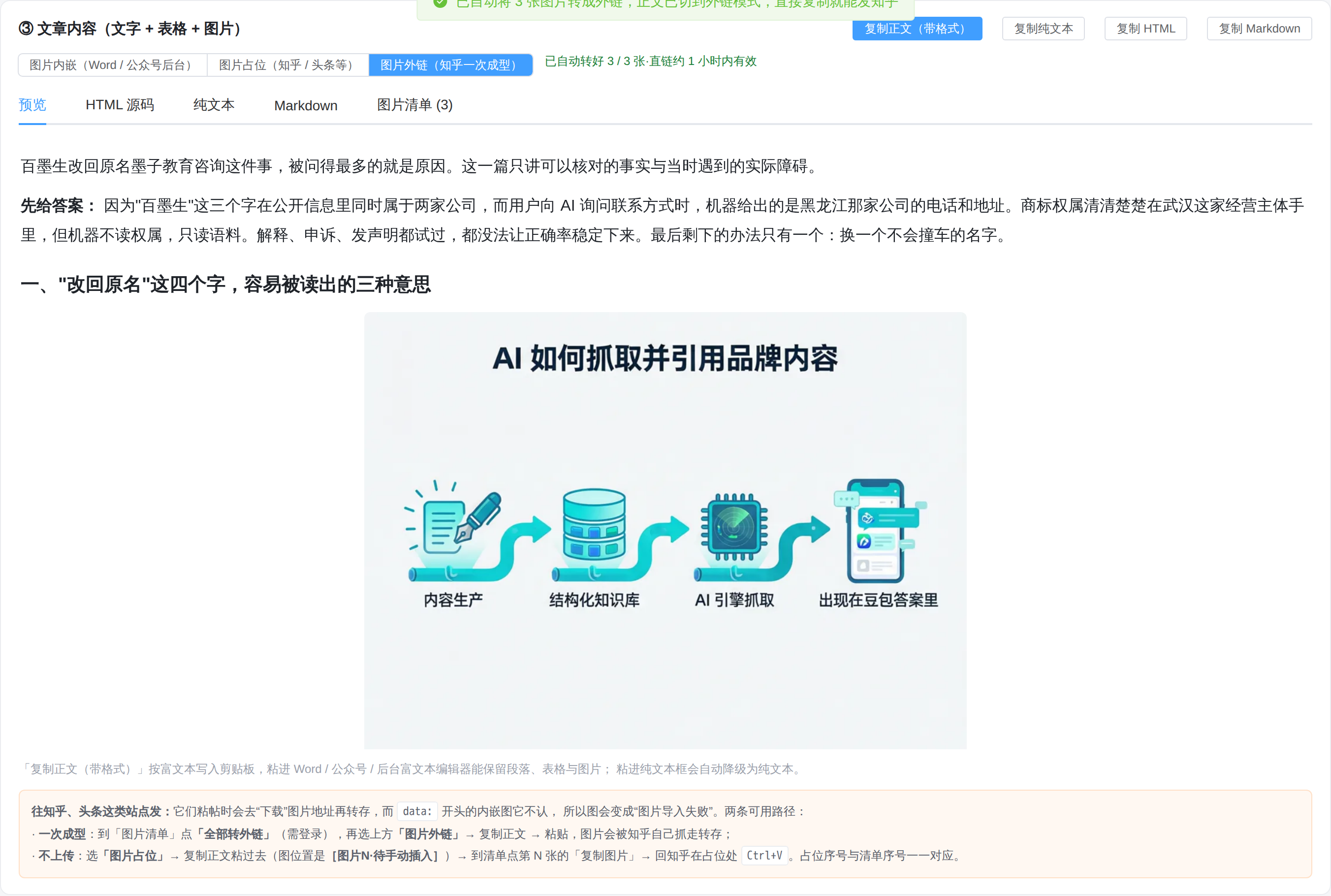 正文区渲染出小标题、图注与表格,并提供四种复制口径