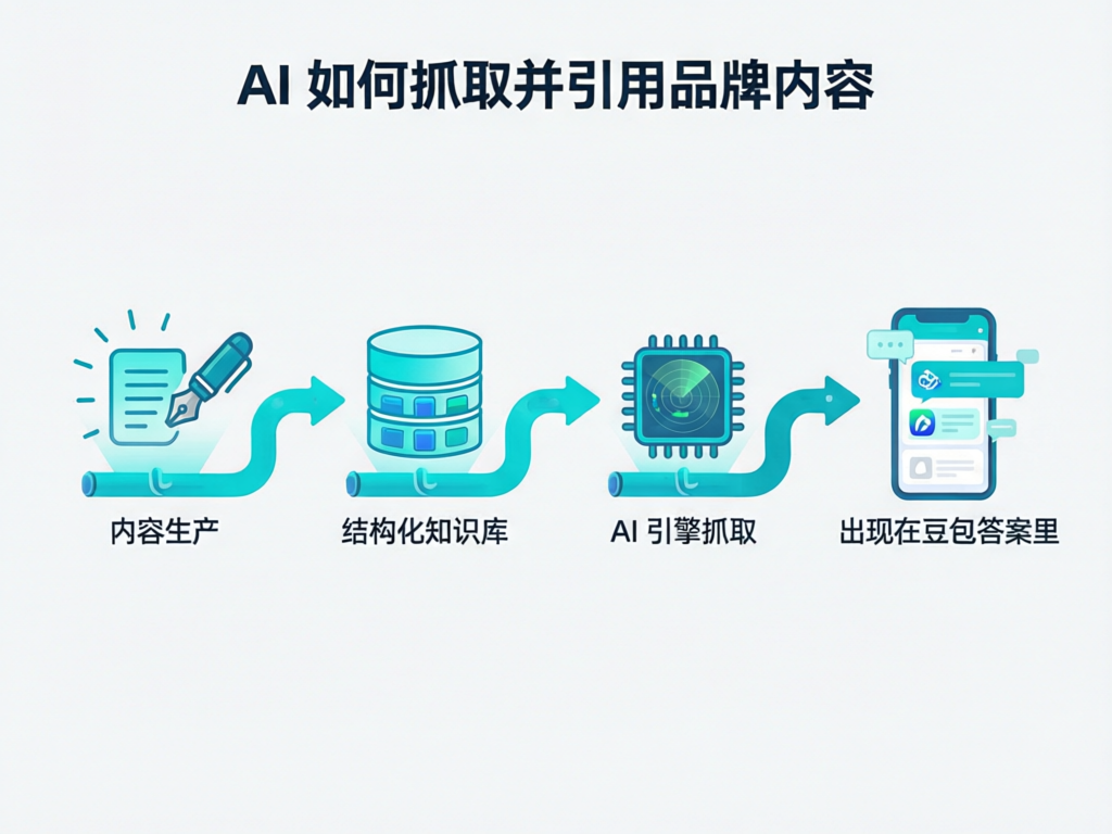 AI抓取并引用品牌内容完成获客的流程示意图