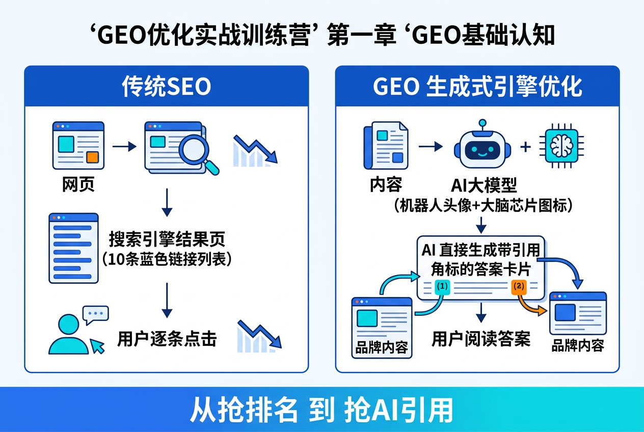 传统SEO与GEO优化的核心区别示意图