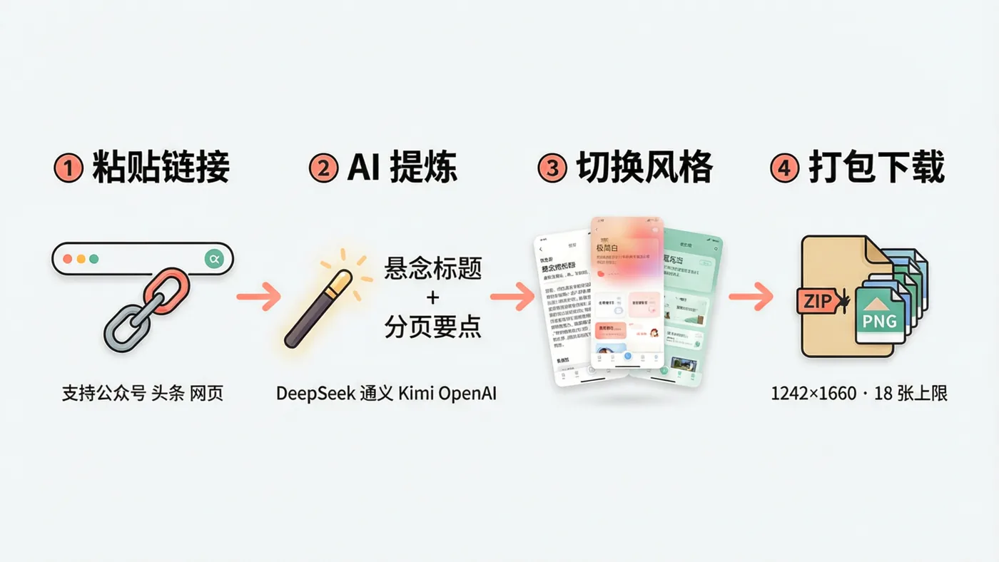 AI图文卡片工具四步流程：粘贴链接、AI提炼悬念标题与分页要点、切换风格、打包下载PNG