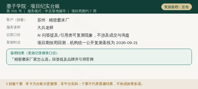 苏州精密磨床厂 GEO 项目纪实卡(情景示意)